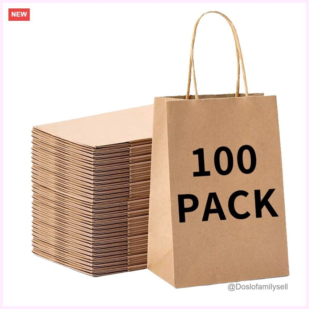 100 Pack Kraft Paper Gift Bags with Handles 5.9x3.1x8.25 Inches